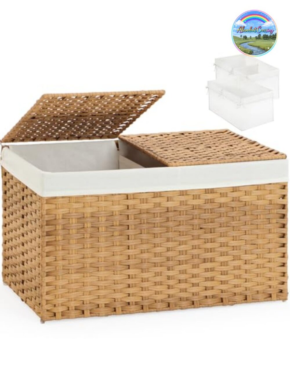 Large Woven Storage Basket with Two Lids Foldable PE Rattan Hamper with Liners